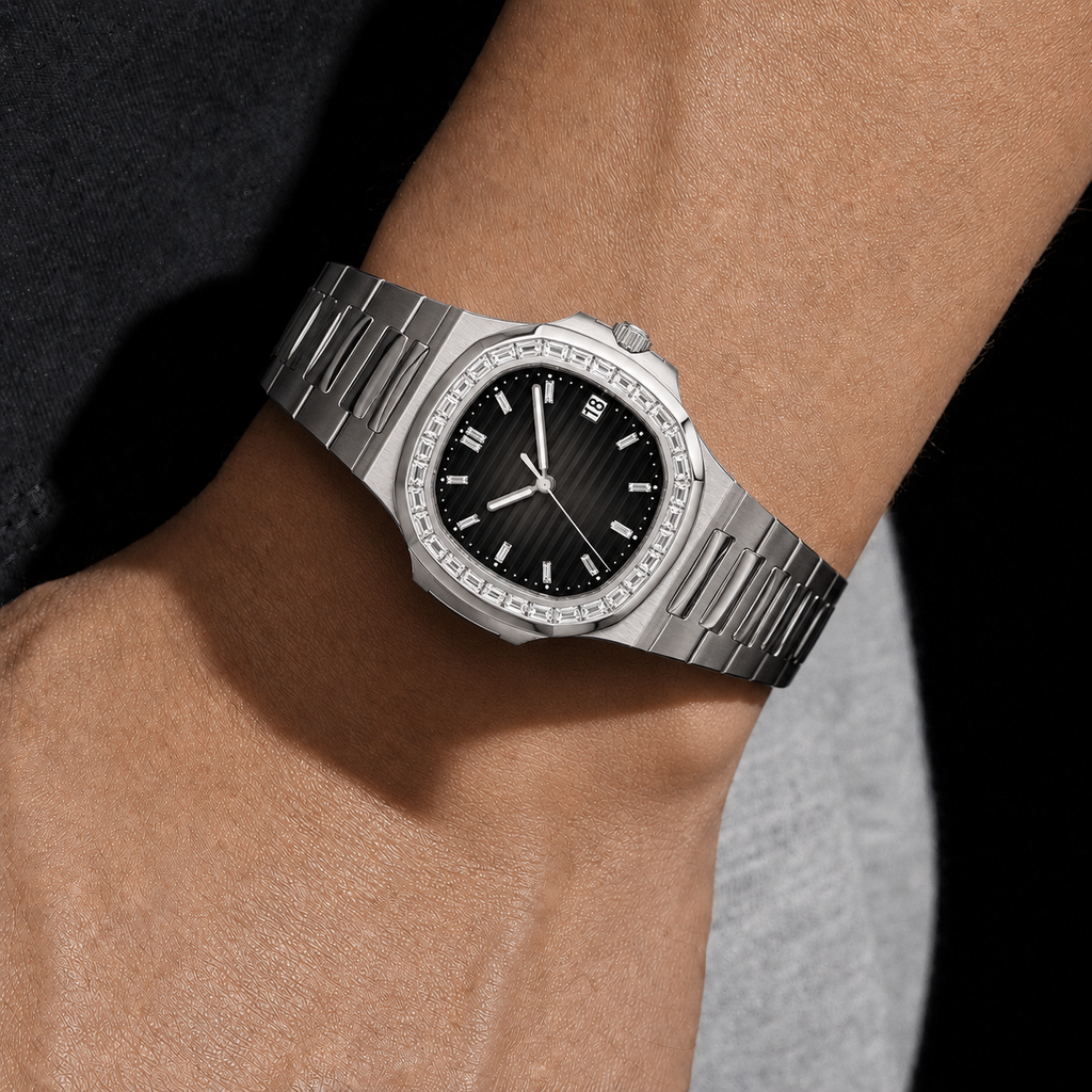 Silver Baguette Bezel Watch with Black Textured Dial