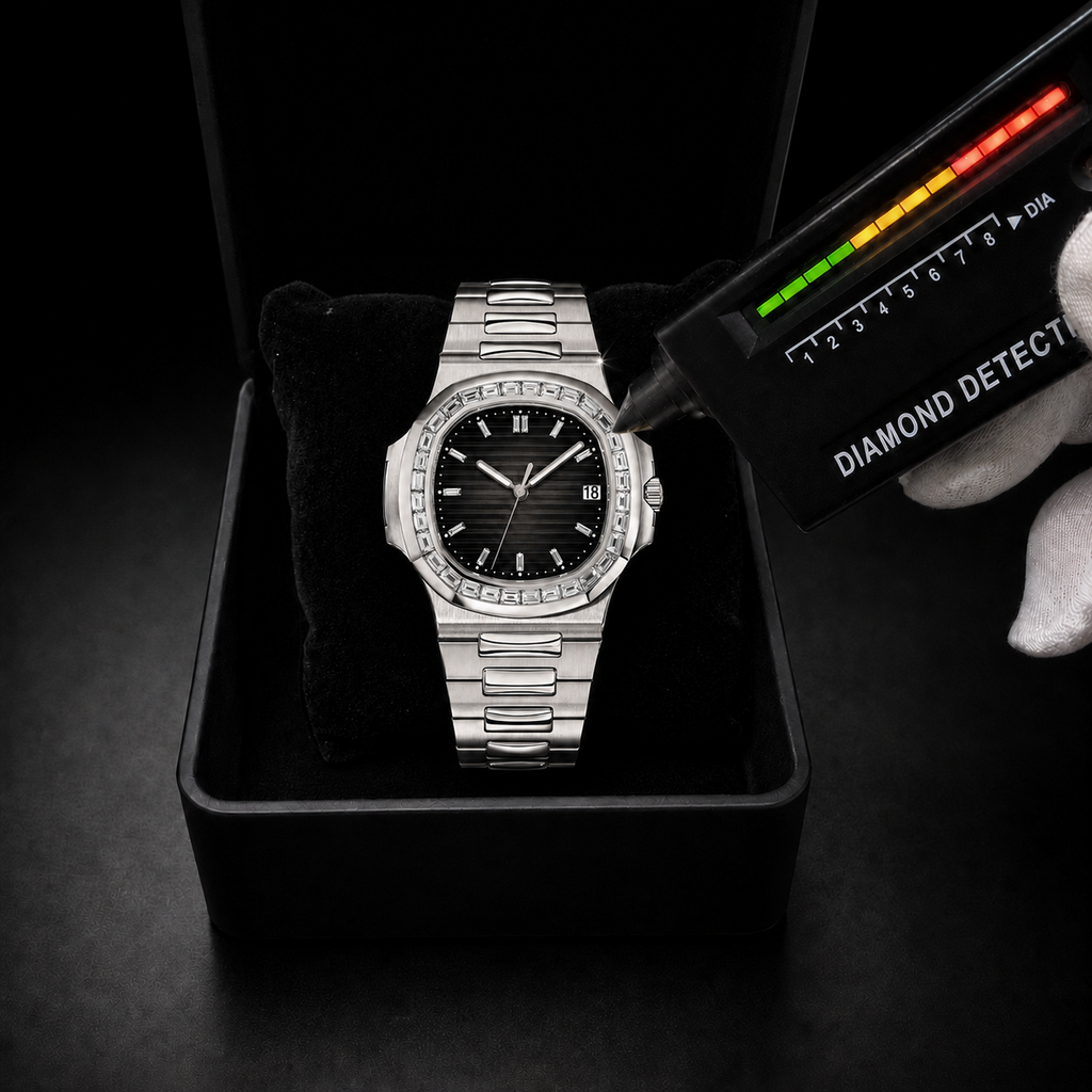 Silver Baguette Bezel Watch with Black Textured Dial