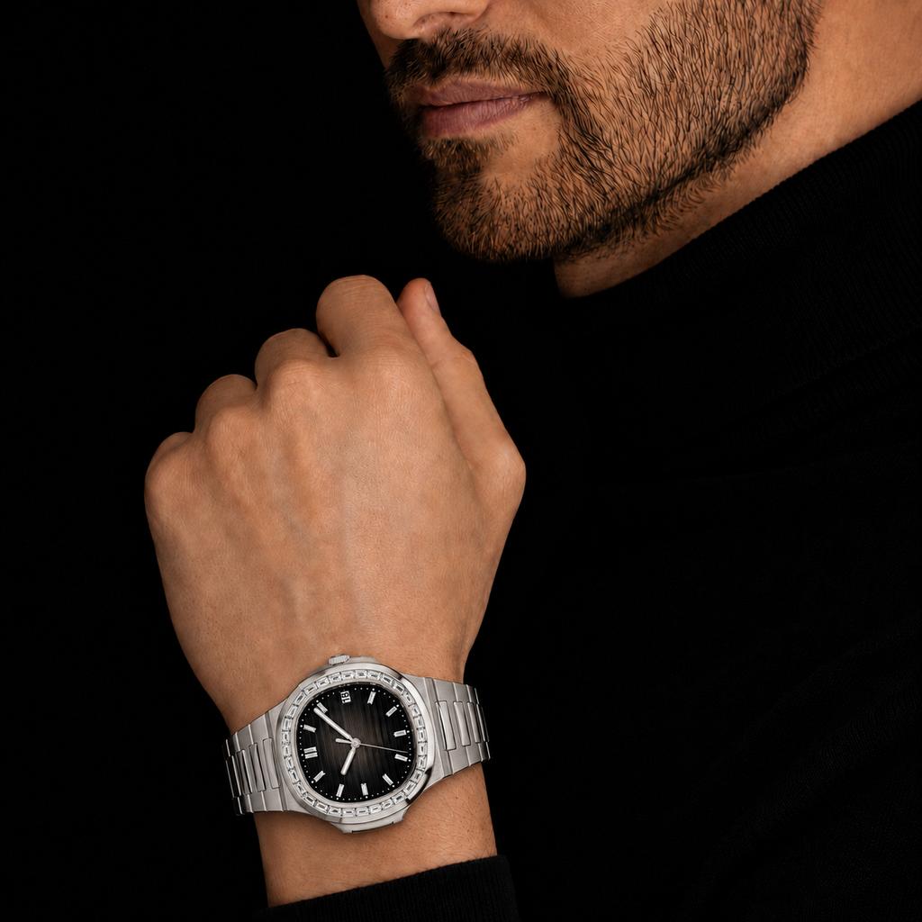 Silver Baguette Bezel Watch with Black Textured Dial