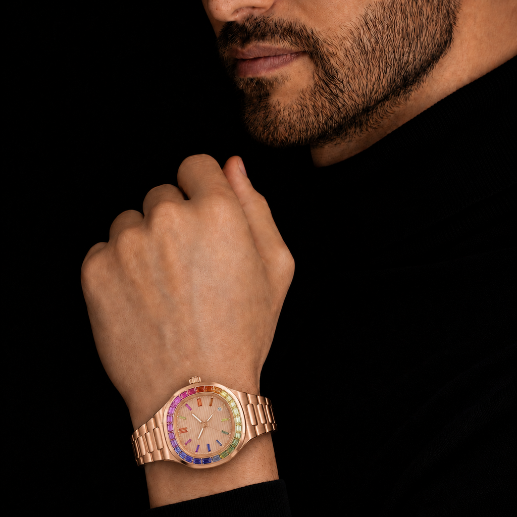 Luxury Rainbow Gemstone Bezel Rose Gold Watch – 40MM Premium Multi-Color Sapphire Style Timepiece