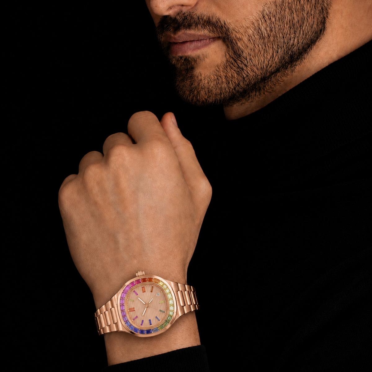 Luxury Rainbow Gemstone Bezel Rose Gold Watch – 40MM Premium Multi-Color Sapphire Style Timepiece