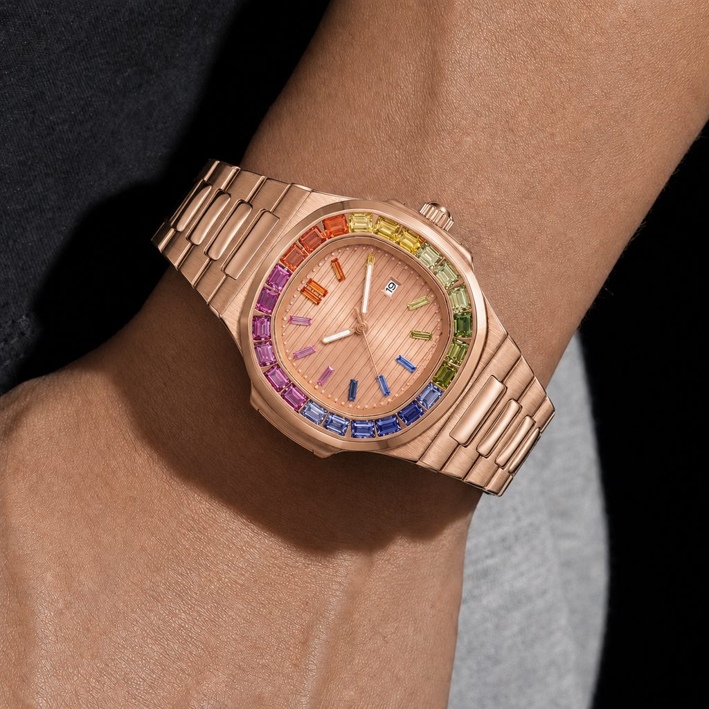 Luxury Rainbow Gemstone Bezel Rose Gold Watch – 40MM Premium Multi-Color Sapphire Style Timepiece