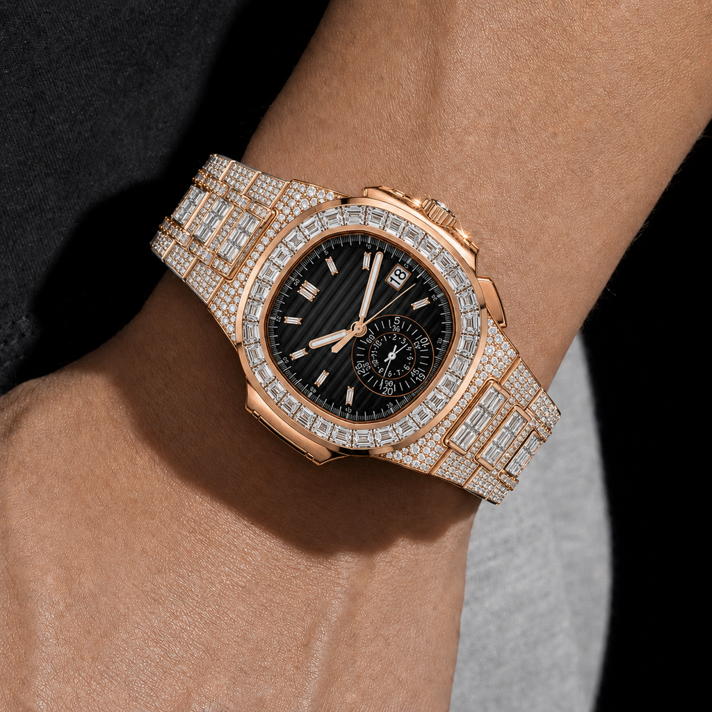 Rose Gold Black Dial Baguette Bezel Moissanite Watch