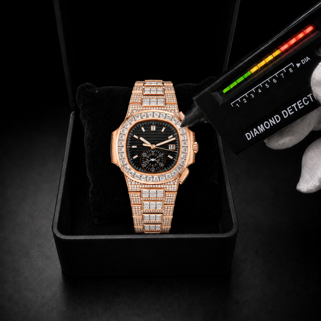 Rose Gold Black Dial Baguette Bezel Moissanite Watch