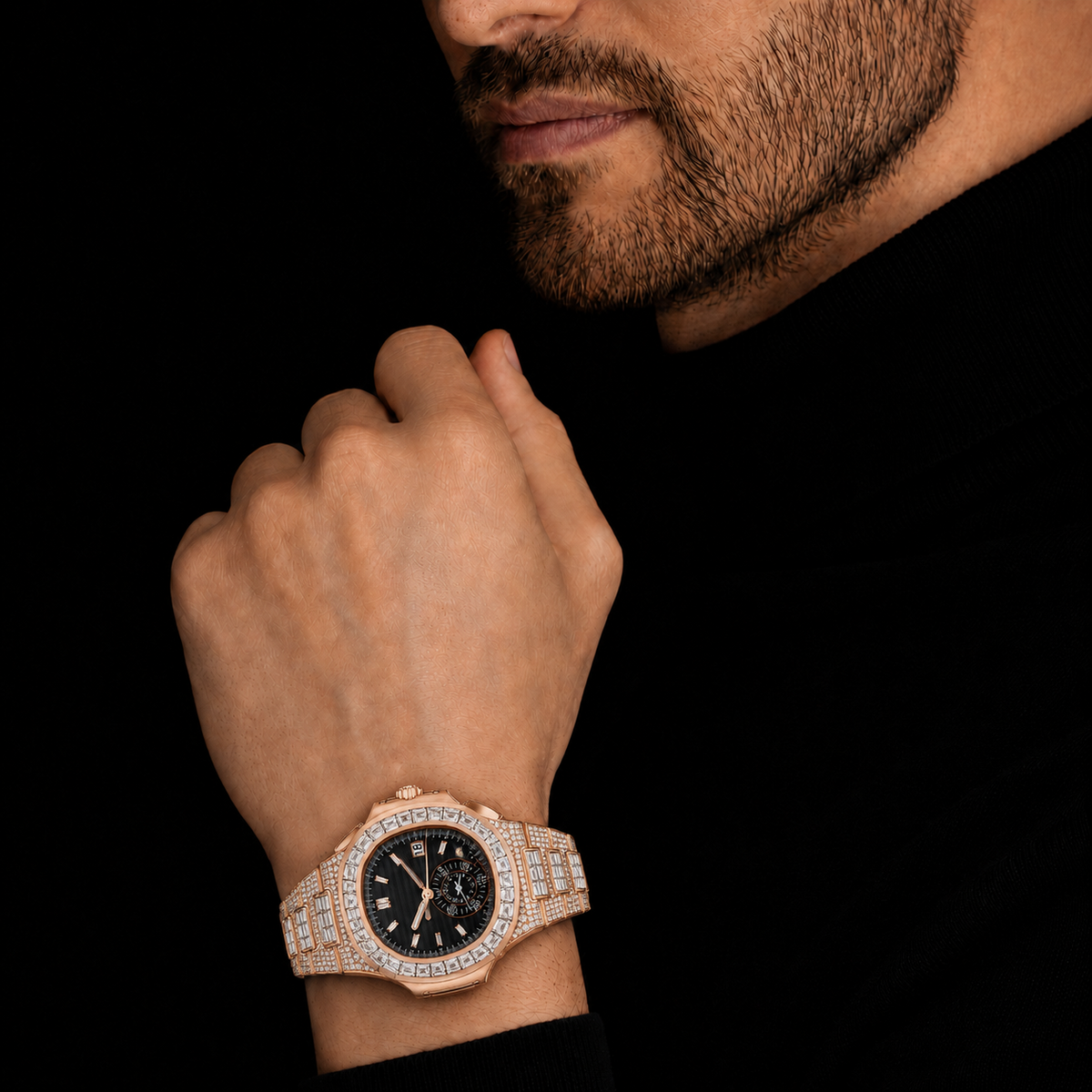 Rose Gold Black Dial Baguette Bezel Moissanite Watch