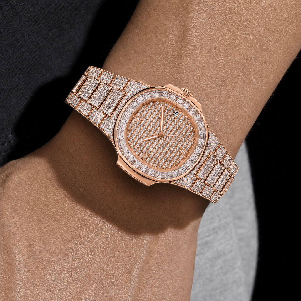 Rose Gold Full Iced Baguette Bezel Watch