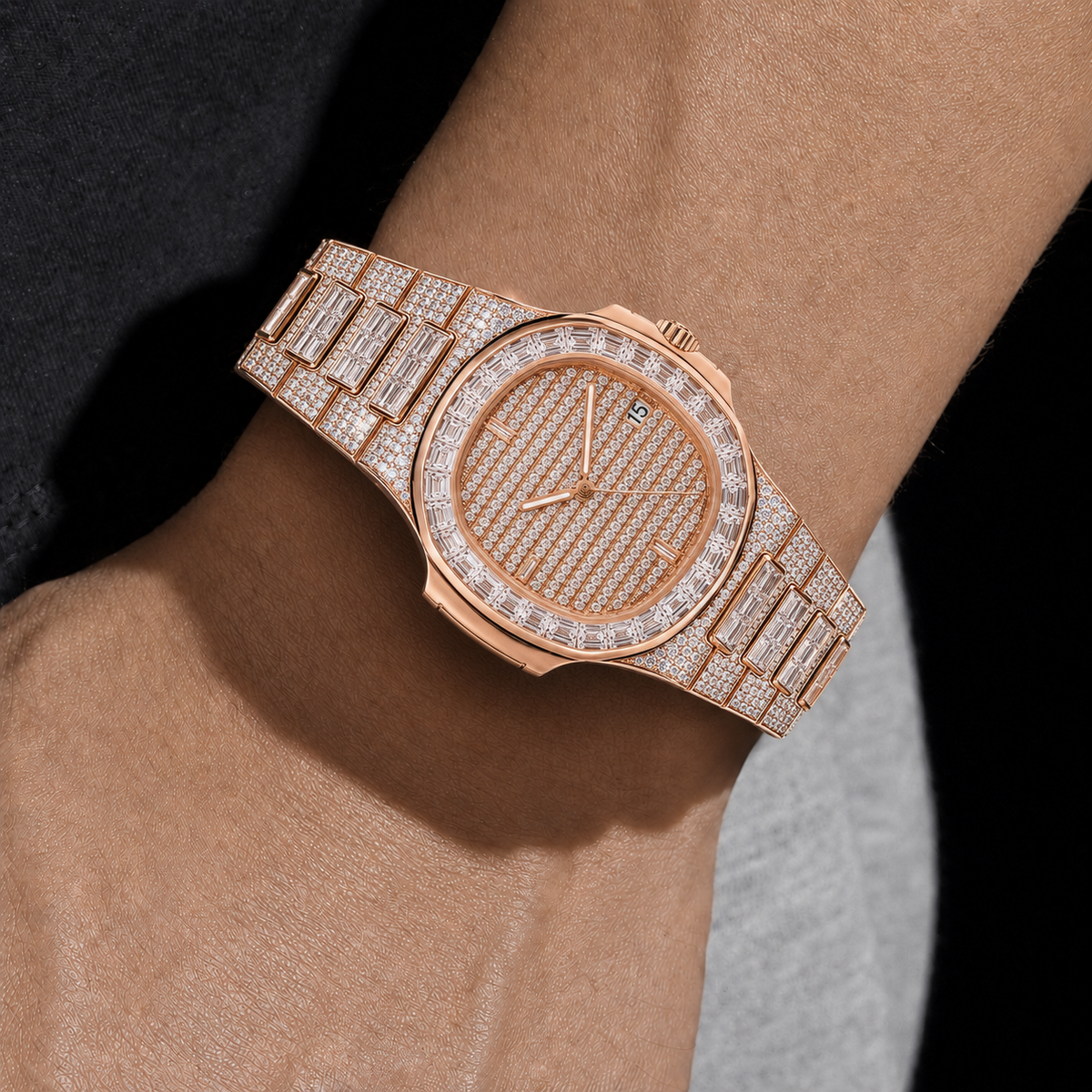 Rose Gold Full Iced Baguette Bezel Watch