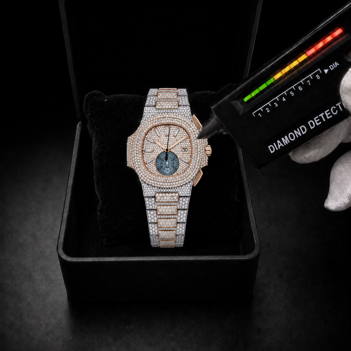 Two-Tone Full Iced Moissanite Watch with Sub-Dial Detail