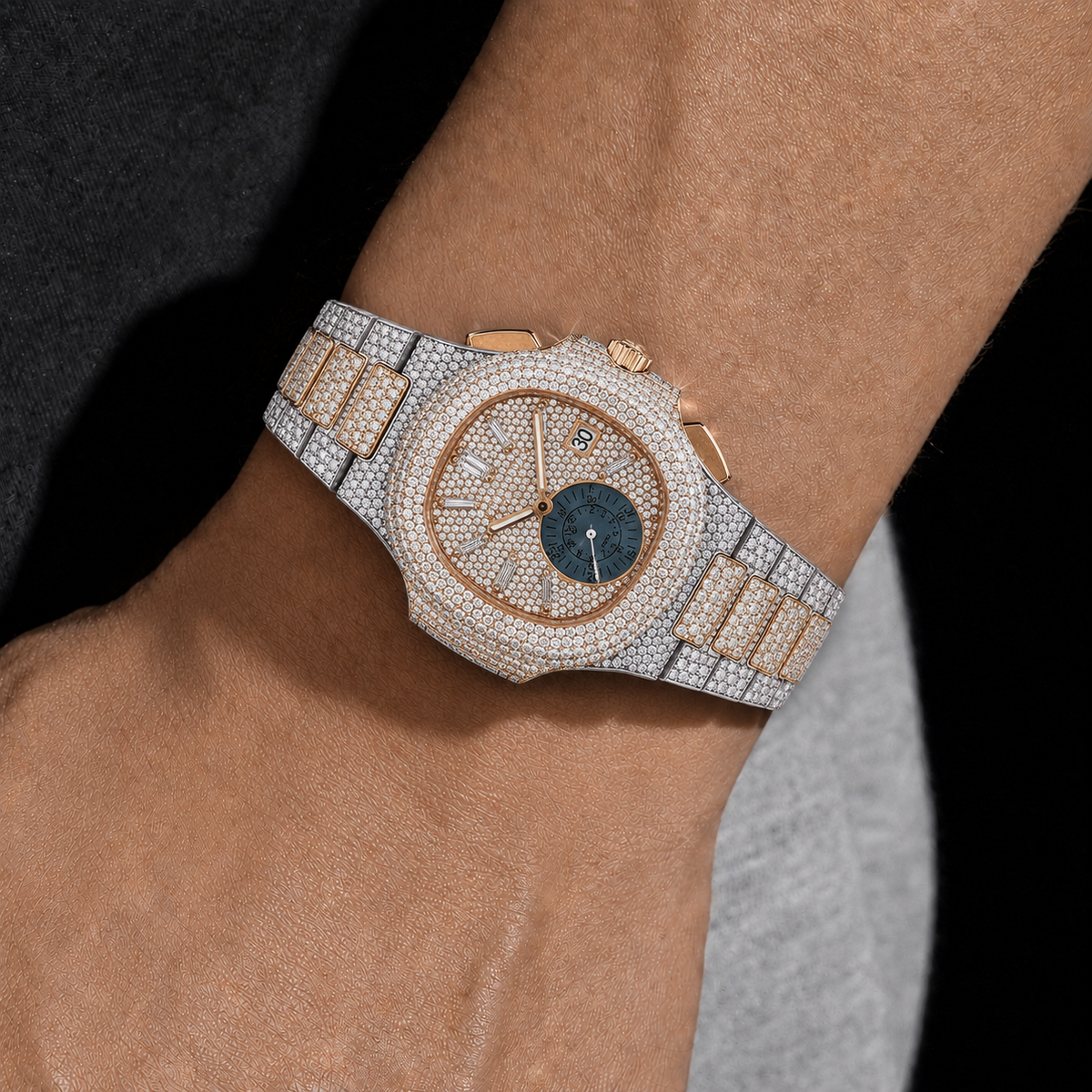 Two-Tone Full Iced Moissanite Watch with Sub-Dial Detail