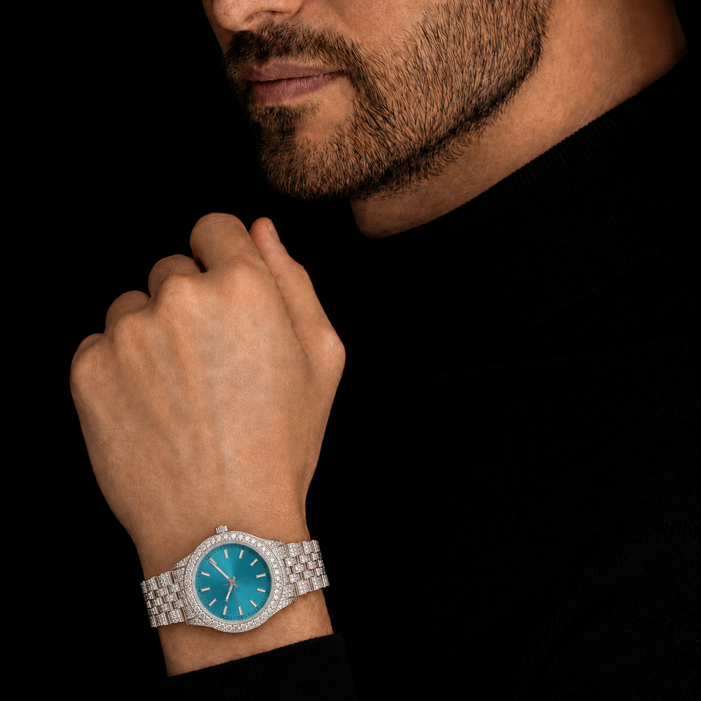 Women’s Blue Sunburst Bust Down Watch 41mm Round Iced Out Watch