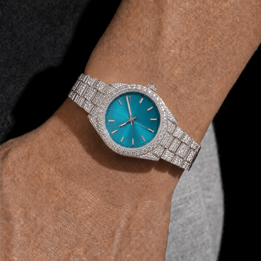 Women’s Blue Sunburst Bust Down Watch 41mm Round Iced Out Watch