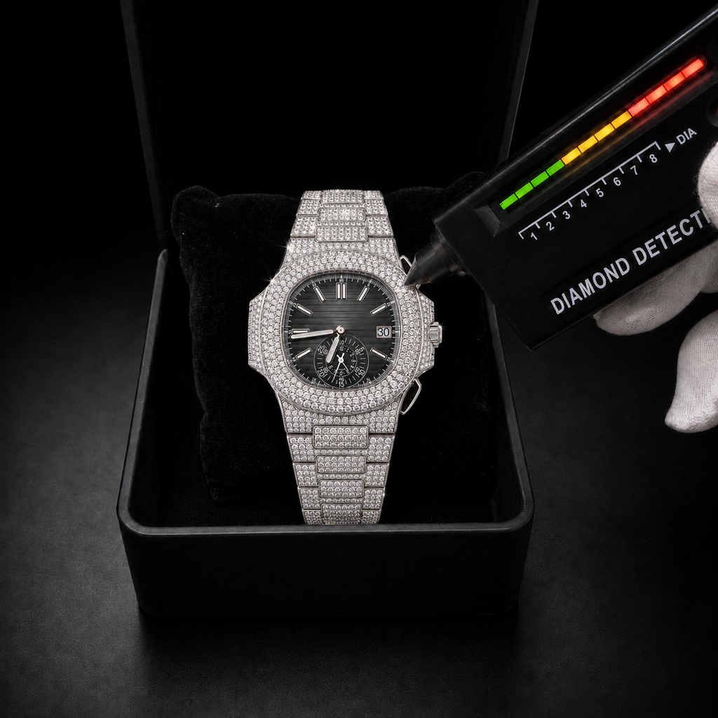 Full Iced Silver Moissanite Watch with Black Dial & Sub-Dial