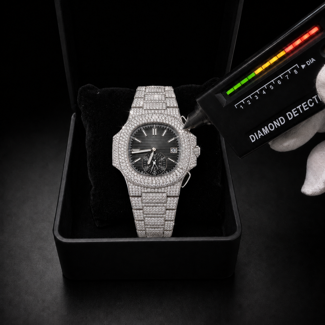 Full Iced Silver Moissanite Watch with Black Dial & Sub-Dial