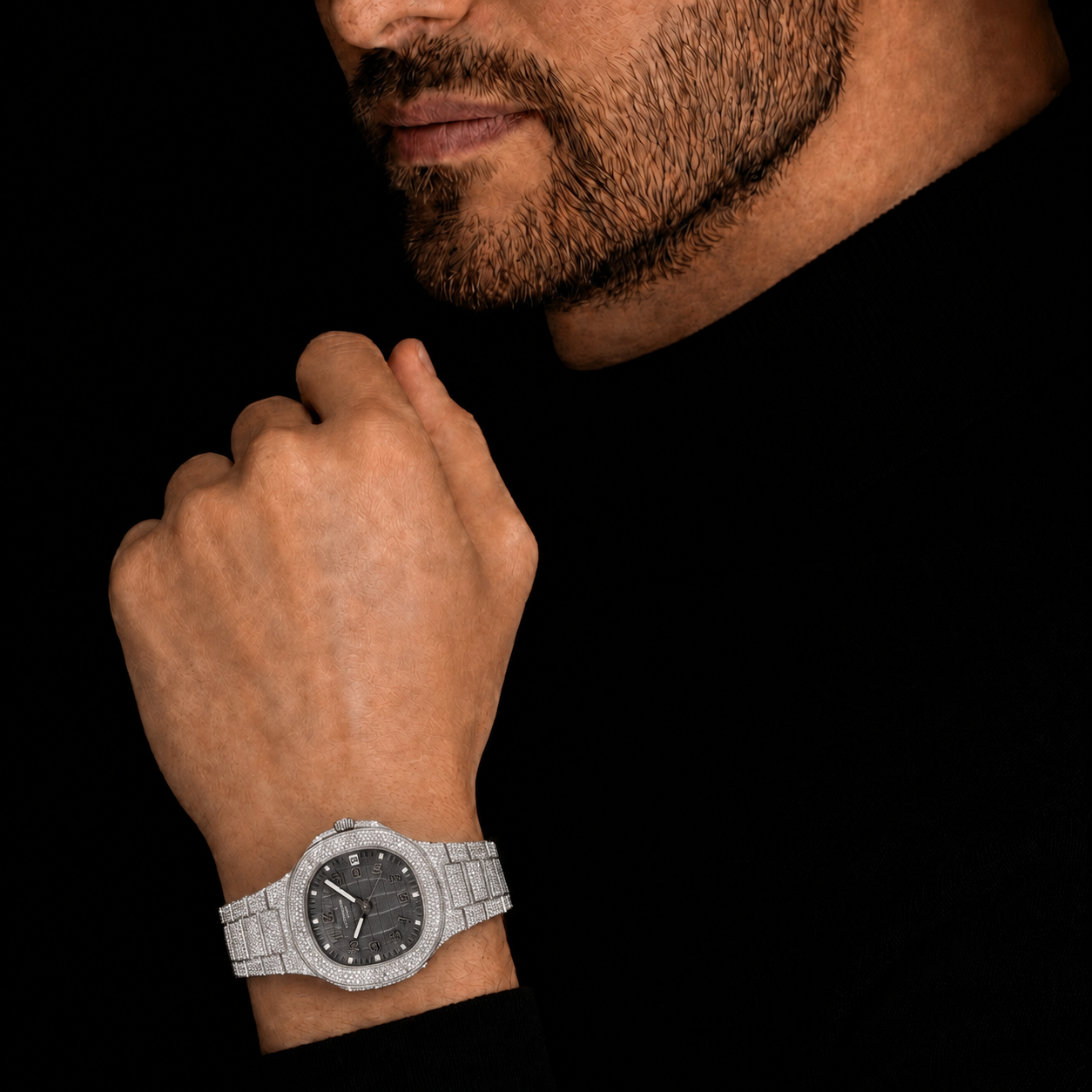 Full Iced Silver Moissanite Watch with Grey Numeral Dial
