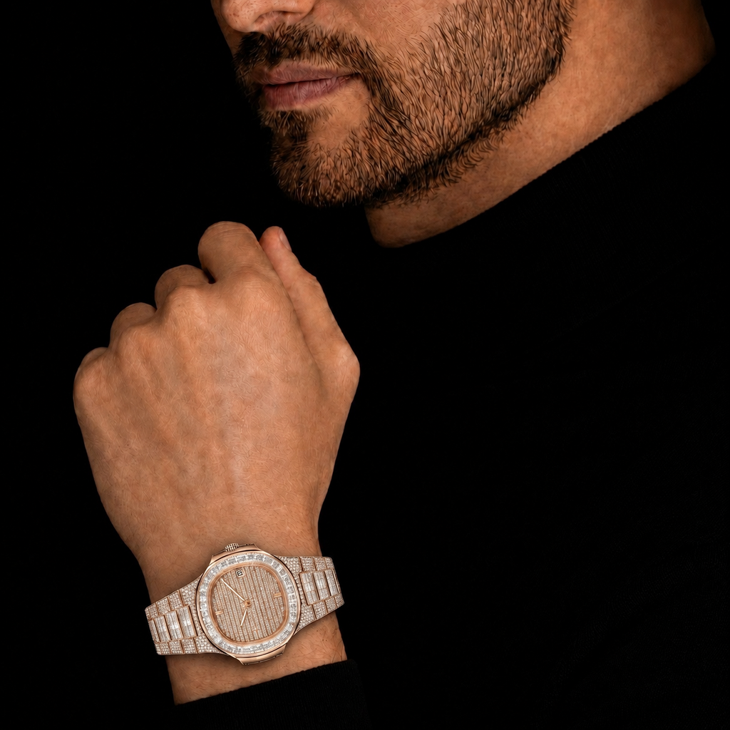 Rose Gold Full Iced Baguette Bezel Watch