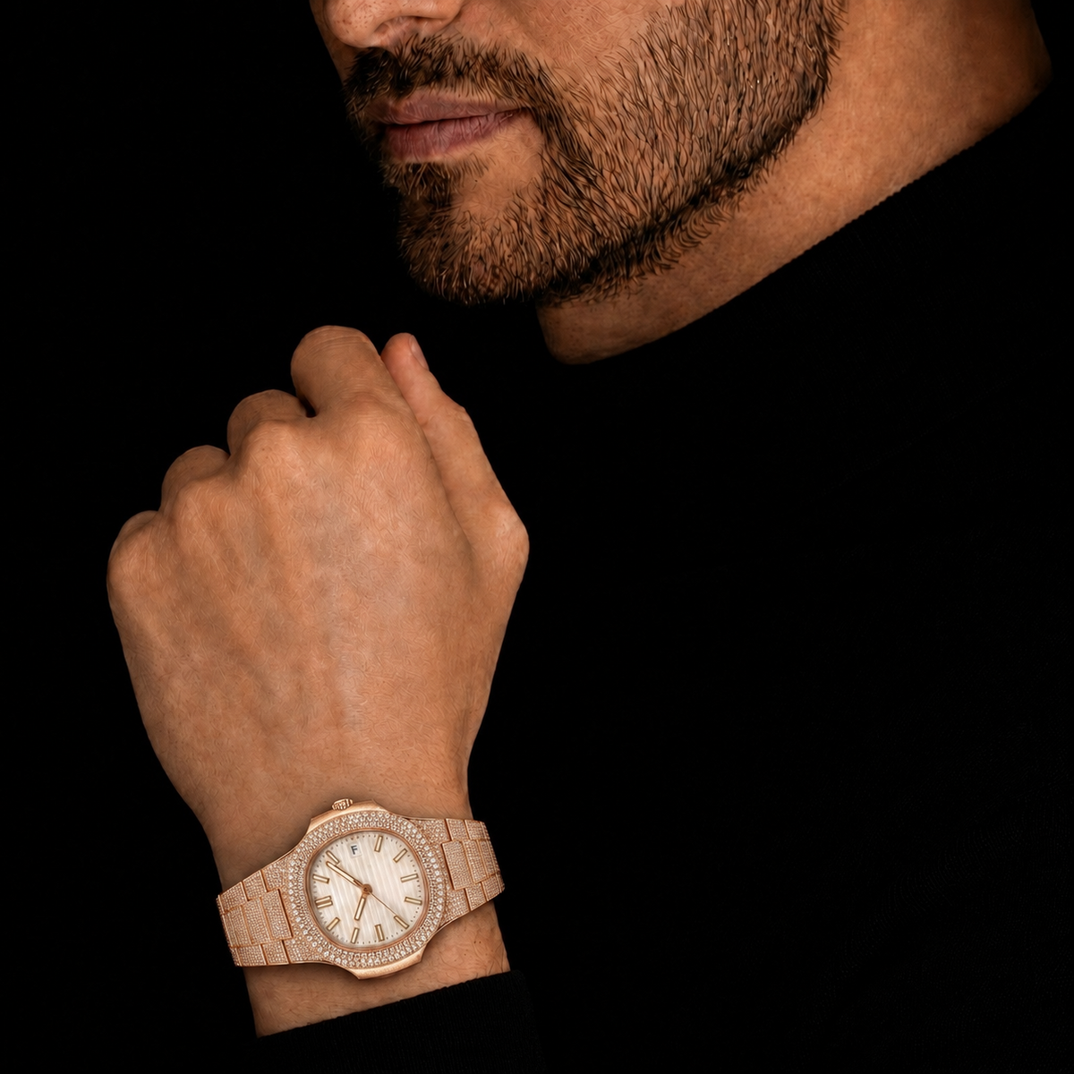 Rose Gold Full Iced Moissanite Watch with White Textured Dial