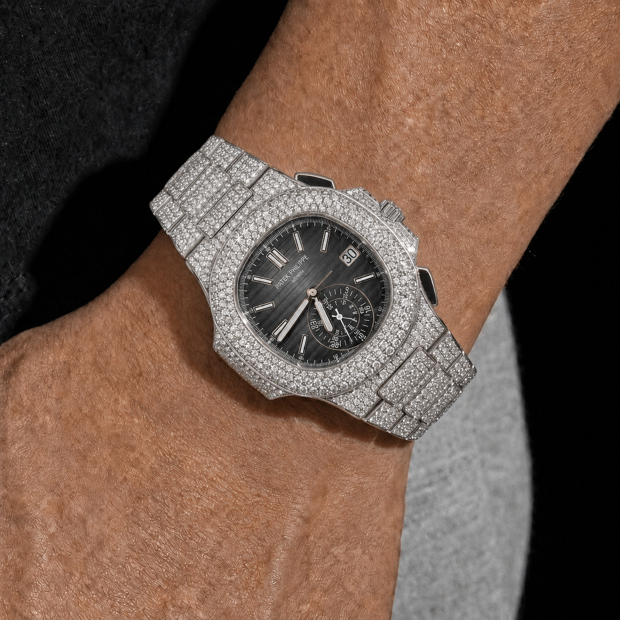 Full Iced Silver Moissanite Watch with Black Dial & Sub-Dial