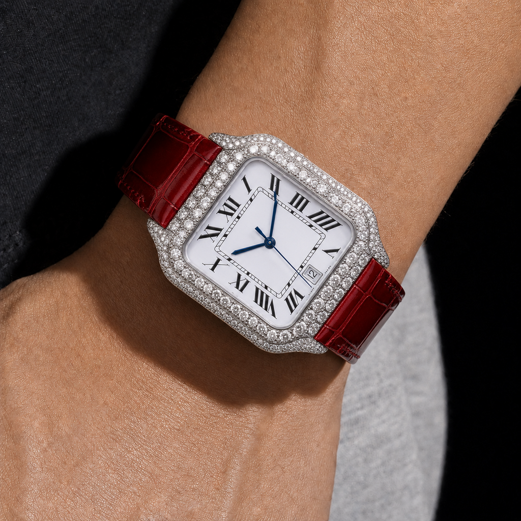 Men’s Iced Out Red Leather Strap VVS Moissanite Roman Dial Timepiece