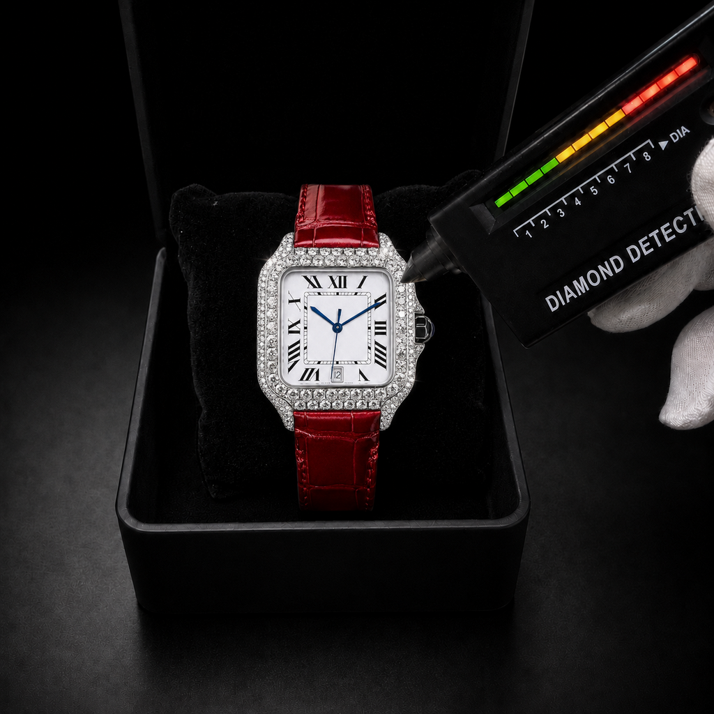 Men’s Iced Out Red Leather Strap VVS Moissanite Roman Dial Timepiece