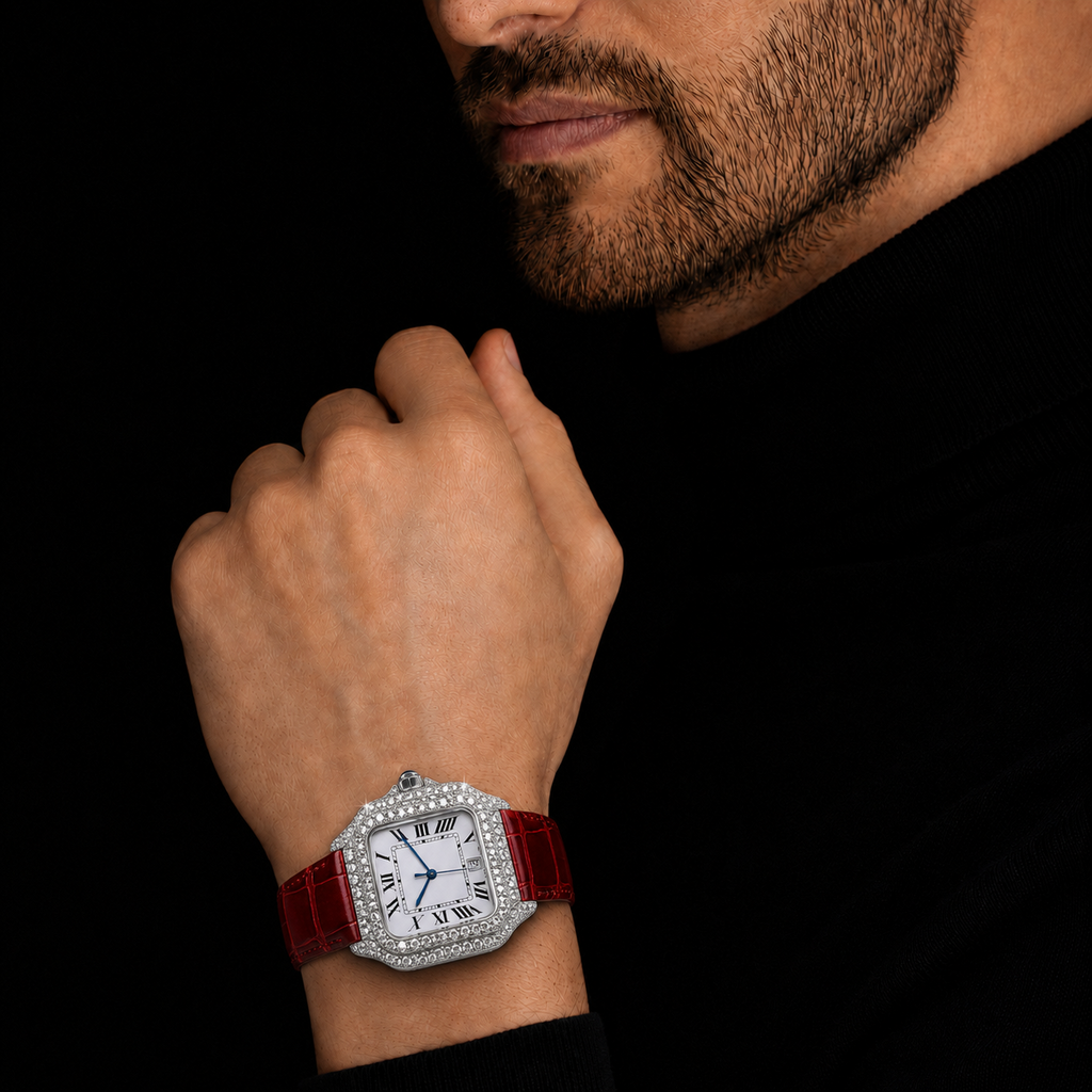 Men’s Iced Out Red Leather Strap VVS Moissanite Roman Dial Timepiece