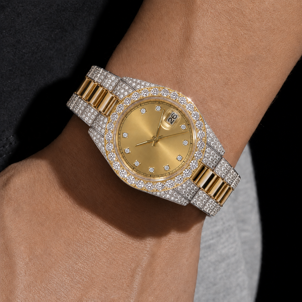 Two-Tone Gold Dial Iced Moissanite Watch with Diamond Marker Dial