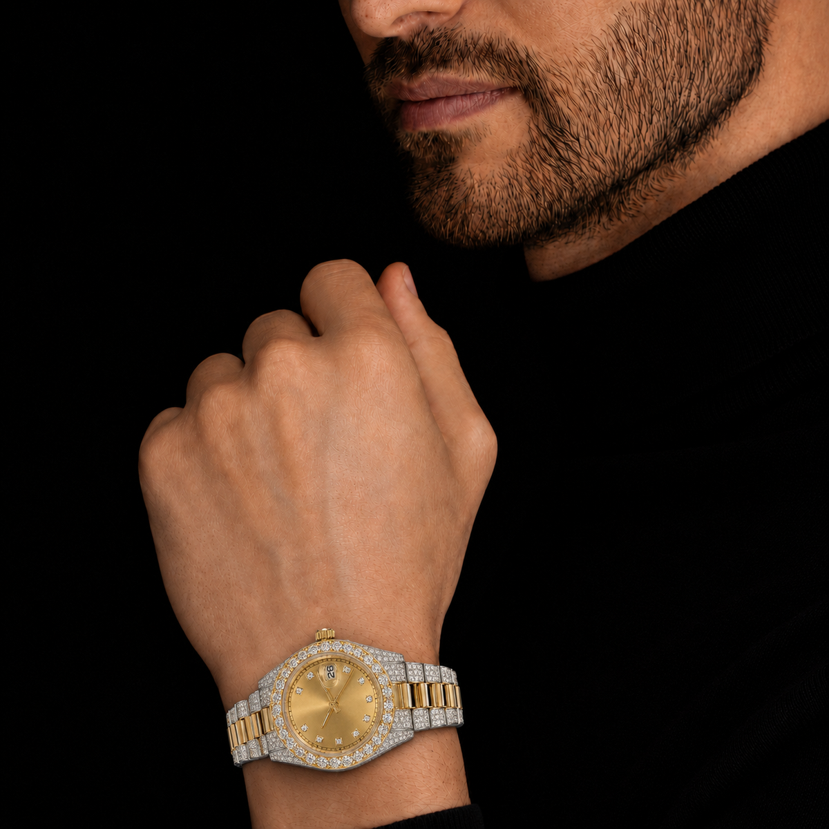 Two-Tone Gold Dial Iced Moissanite Watch with Diamond Marker Dial