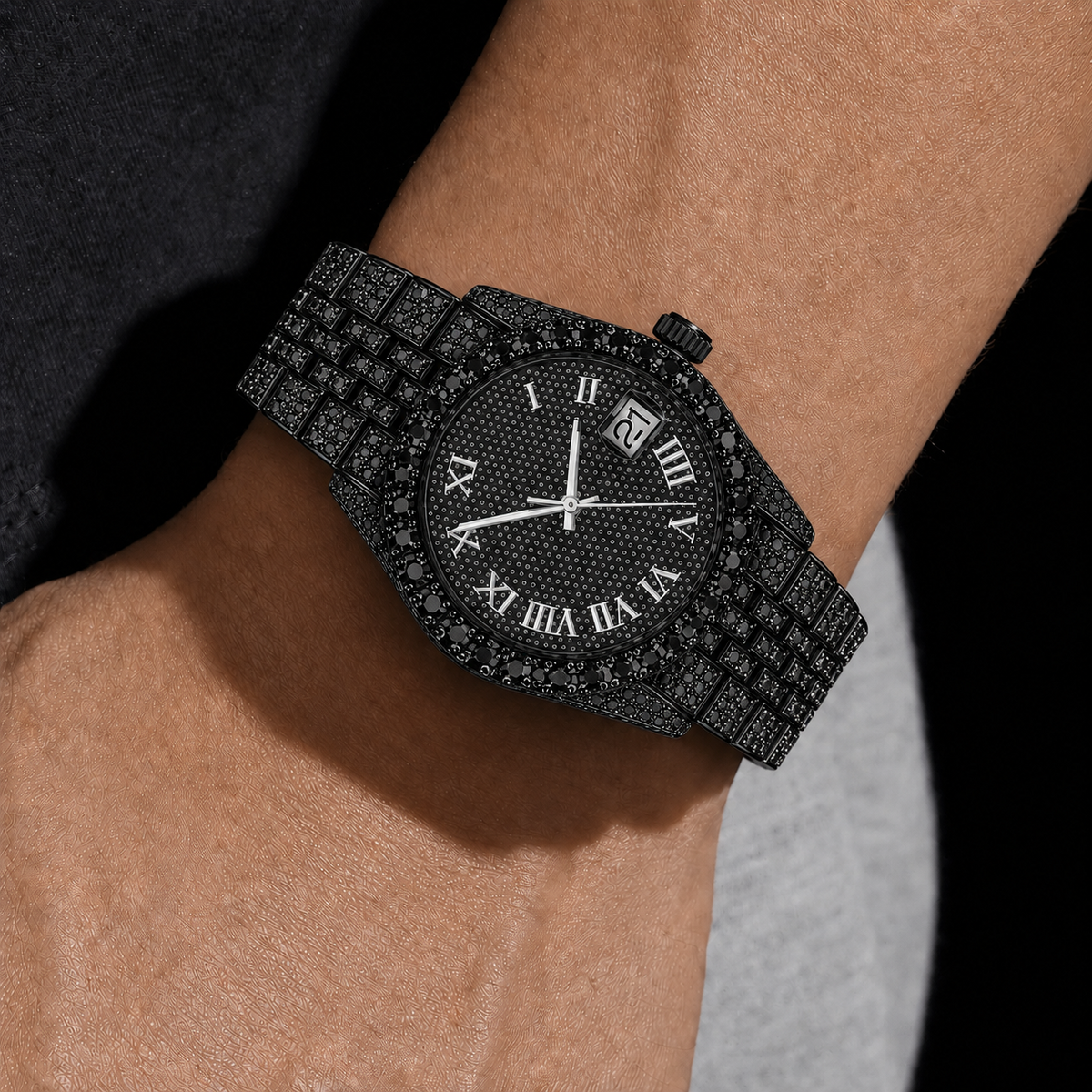 Black Iced Roman Dial Watch with Full Black Stone Bracelet
