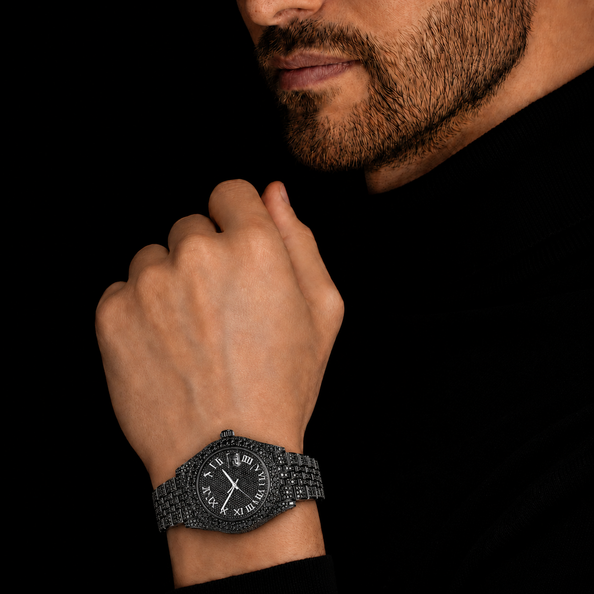 Black Iced Roman Dial Watch with Full Black Stone Bracelet