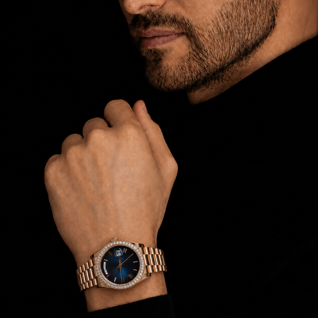 Rose Gold Blue Dial Moissanite Bezel Watch with Day-Date Display