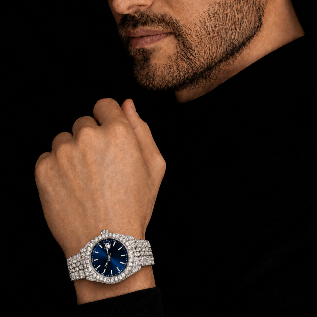 Full Iced Silver Blue Dial Moissanite Watch with Date Display