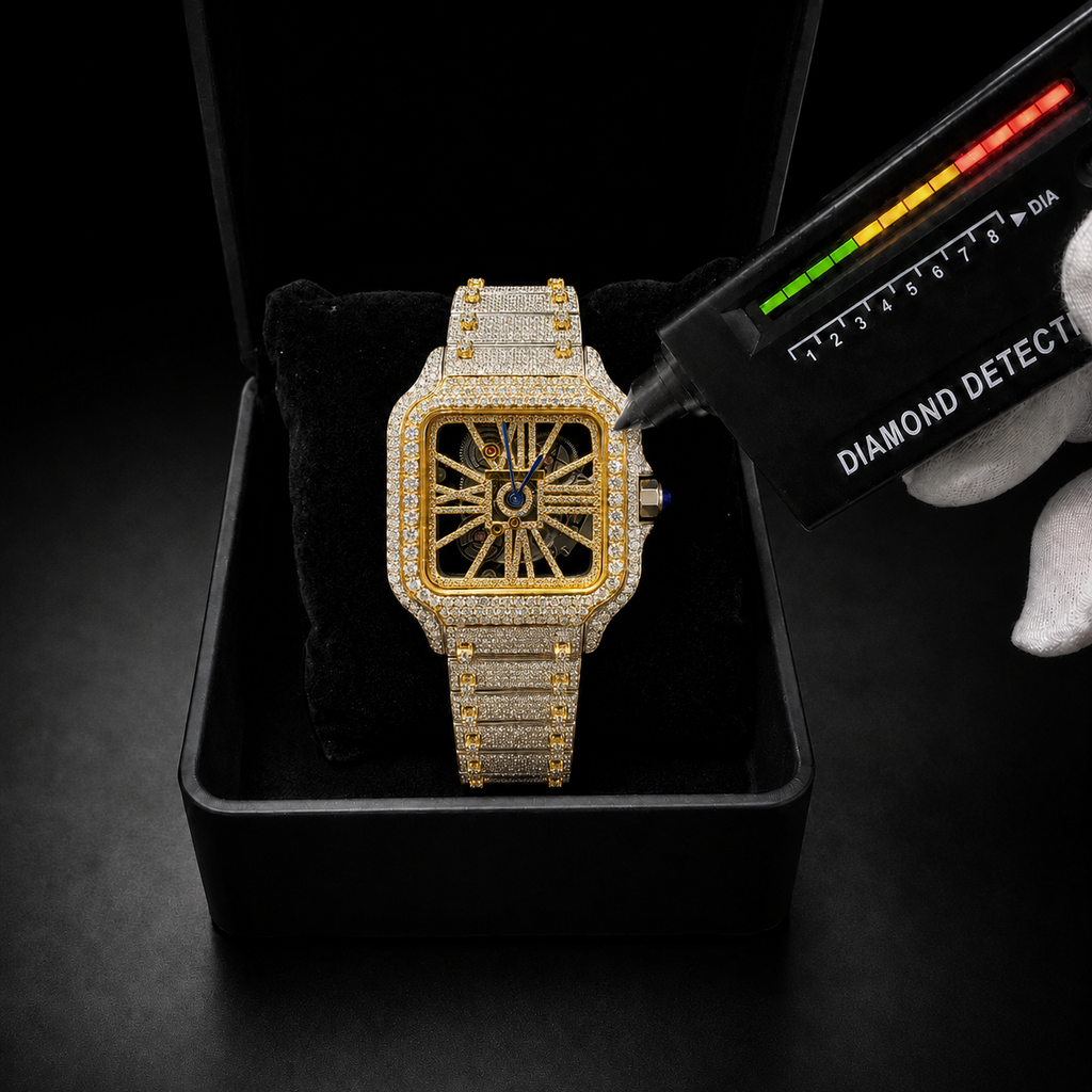 Two Tone Yellow Gold White Gold Iced Out Watch for Men Skeleton Style