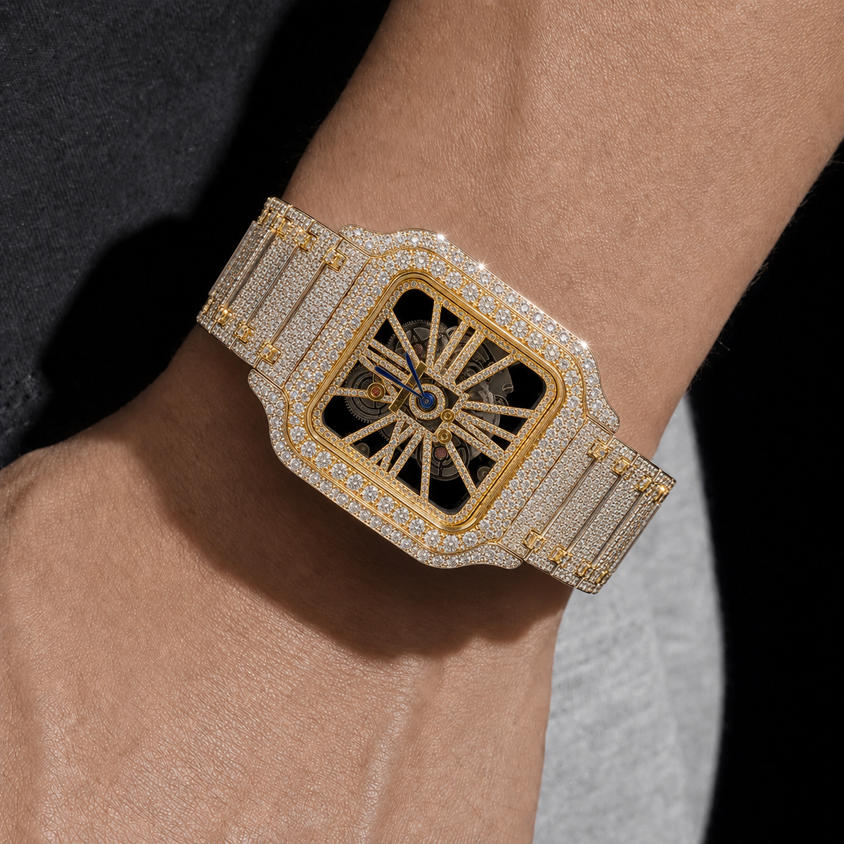 Two Tone Yellow Gold White Gold Iced Out Watch for Men Skeleton Style