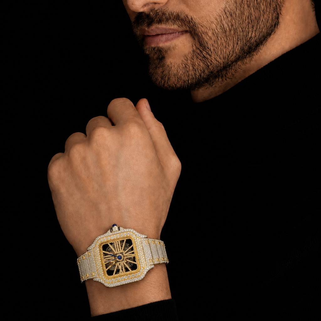 Two Tone Yellow Gold White Gold Iced Out Watch for Men Skeleton Style