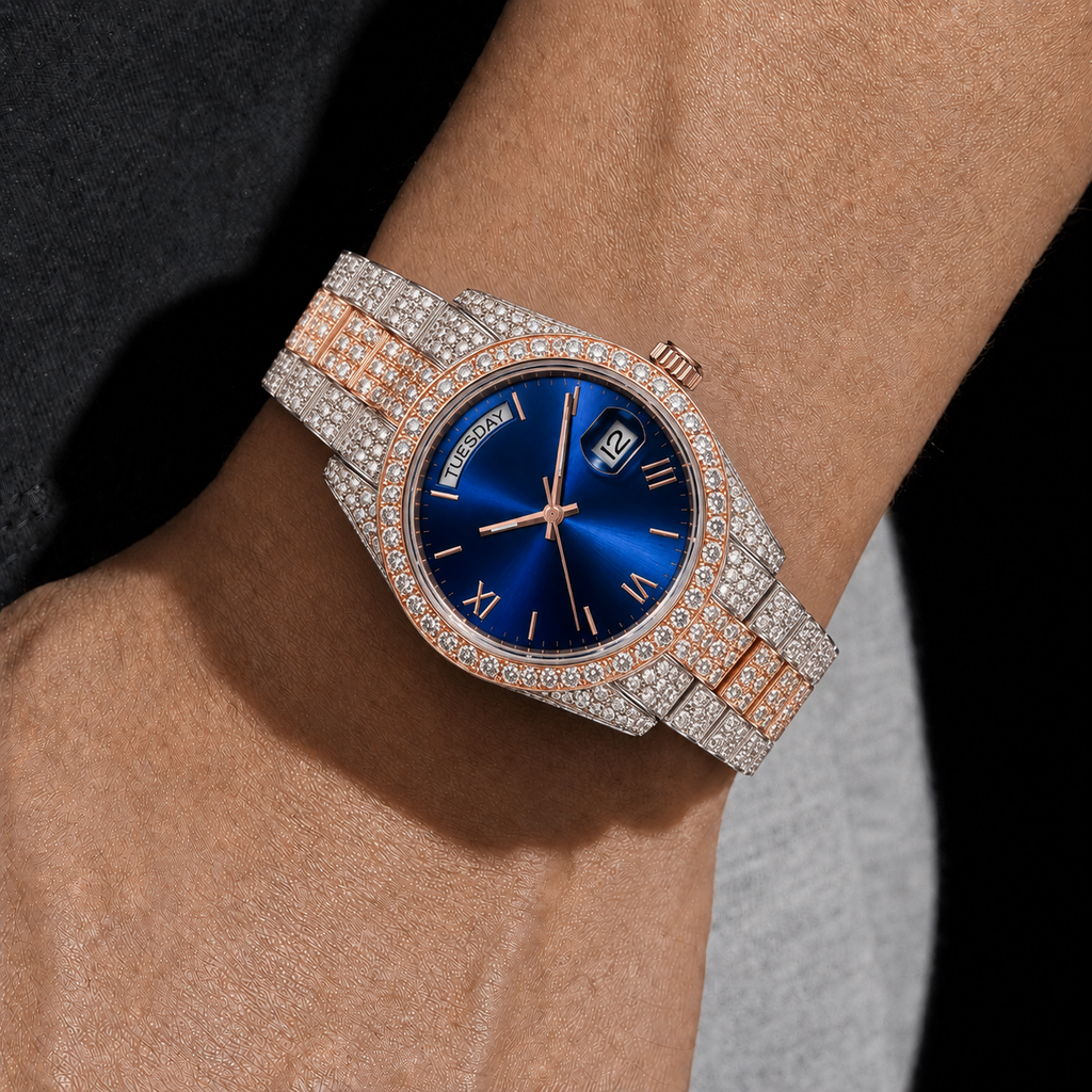 Two-Tone Blue Dial Iced Moissanite Watch with Day-Date Display