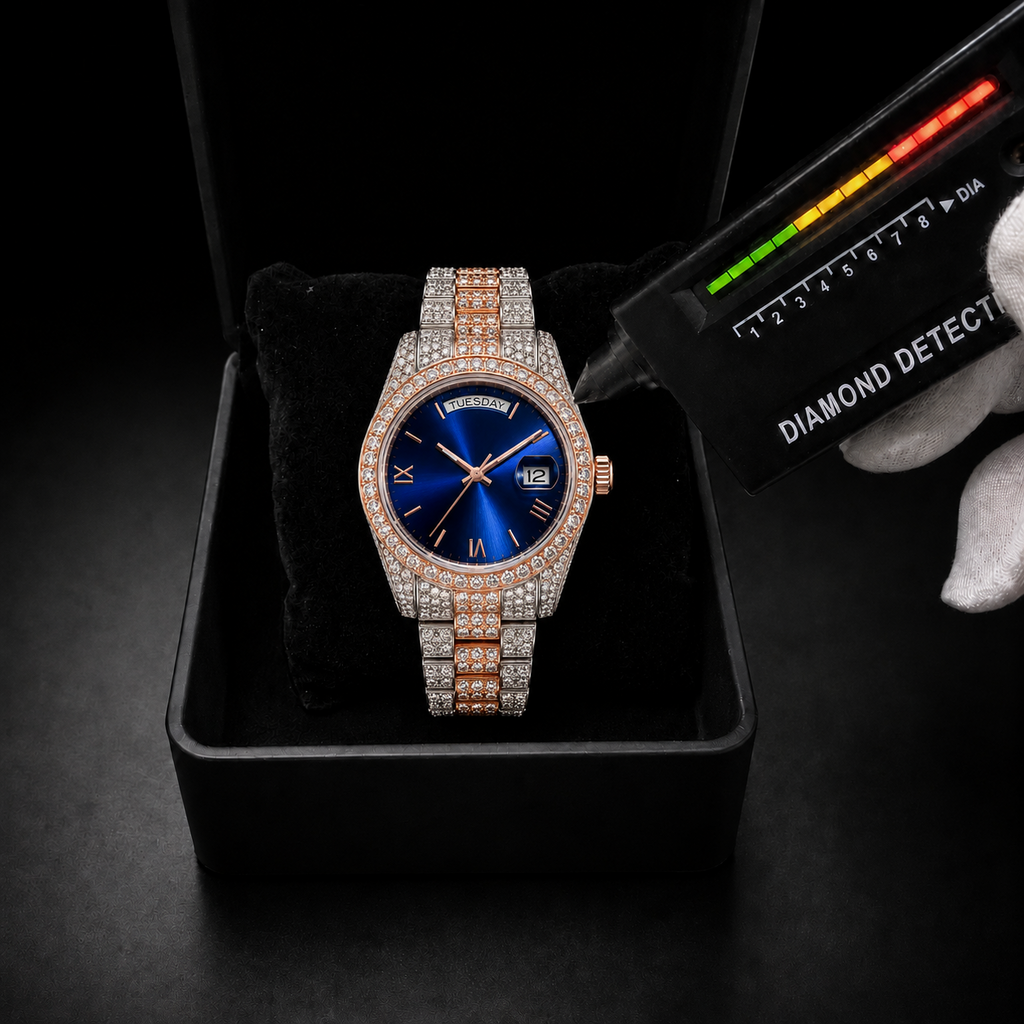 Two-Tone Blue Dial Iced Moissanite Watch with Day-Date Display