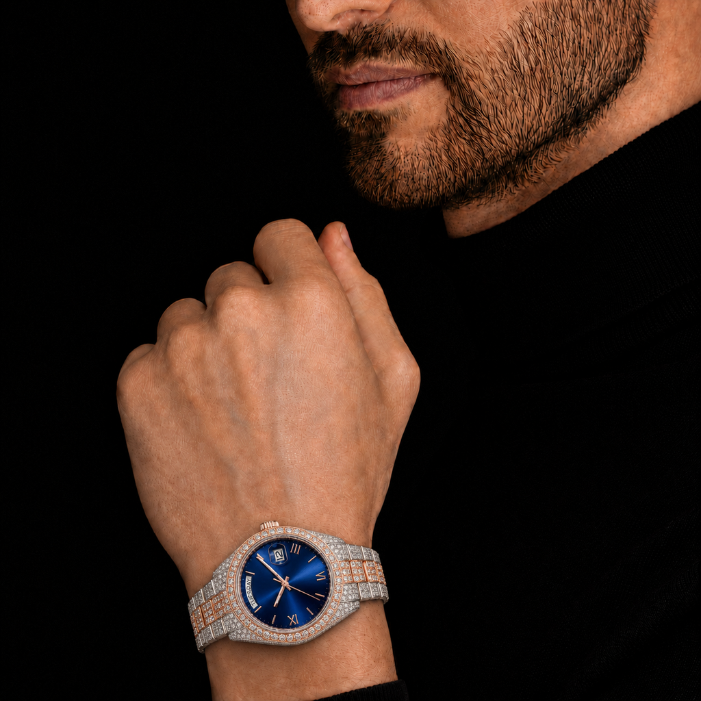 Two-Tone Blue Dial Iced Moissanite Watch with Day-Date Display