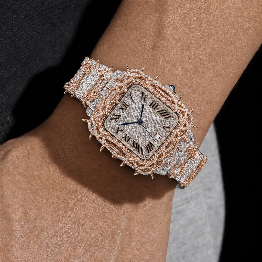 Luxury Rose-Tone VVS Thorn Design Roman Dial Moissanite Watch