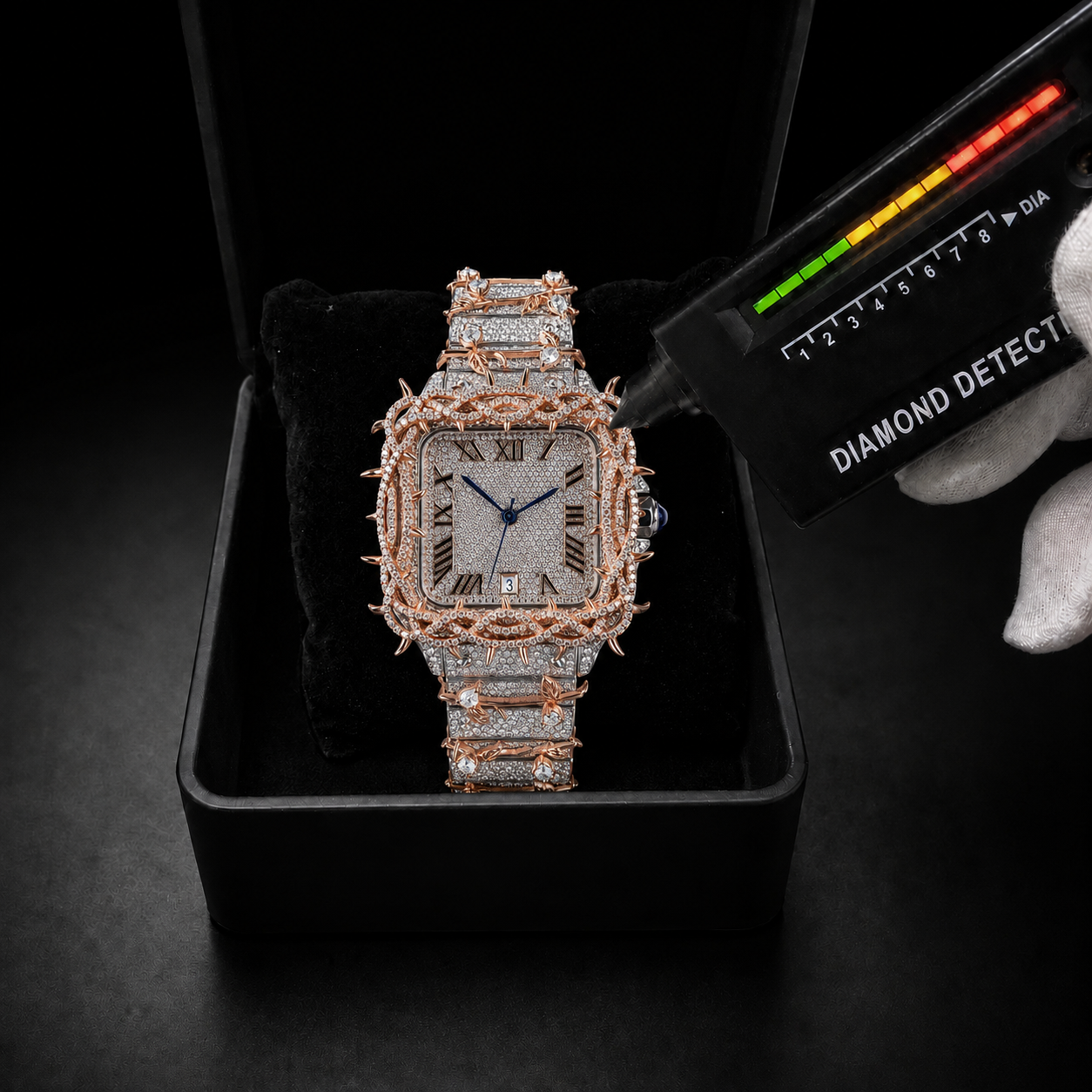 Luxury Rose-Tone VVS Thorn Design Roman Dial Moissanite Watch