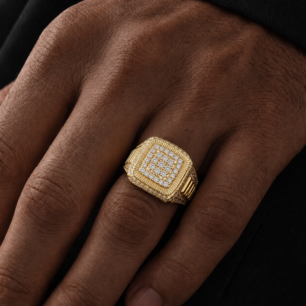 Luxury Iced Vermeil  Silver VVS Moissanite Square Ring.
