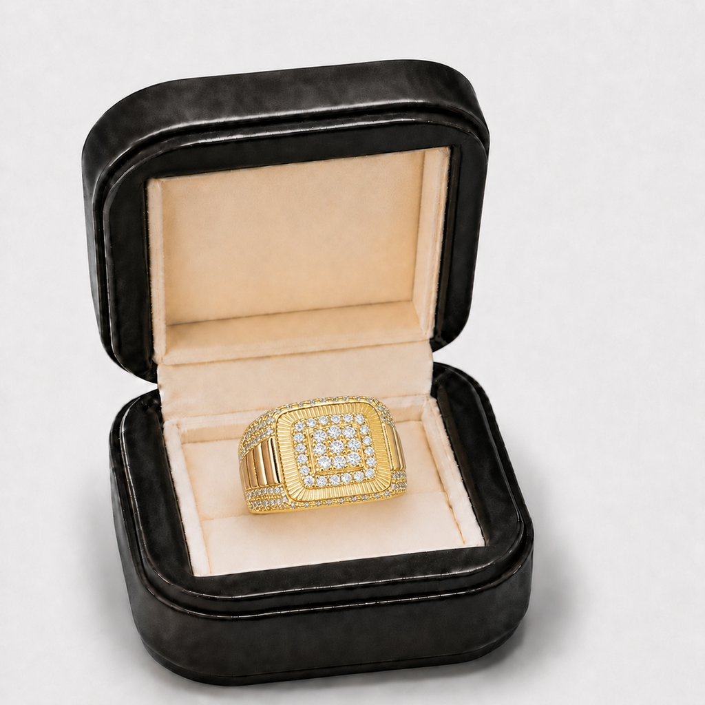 Luxury Iced Vermeil  Silver VVS Moissanite Square Ring.