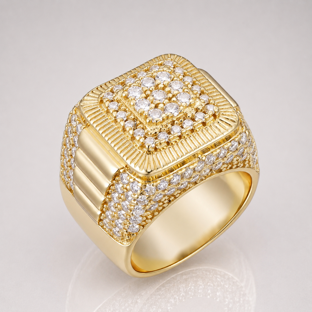 Luxury Iced Vermeil  Silver VVS Moissanite Square Ring.