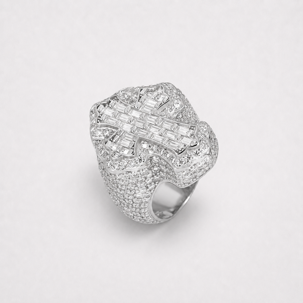 Luxury VVS Fleur Cross Ring in 14K Gold