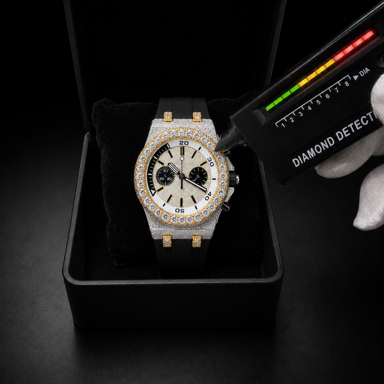 Men’s Iced Out Chronograph Watch VVS Moissanite Bust Down Rubber Strap