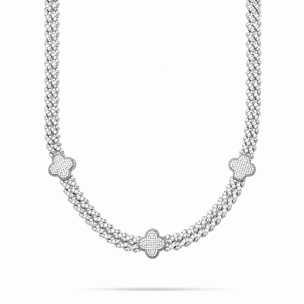 VVS Moissanite Clover Cuban Link Chain – White Gold Finish Iced Out Necklace