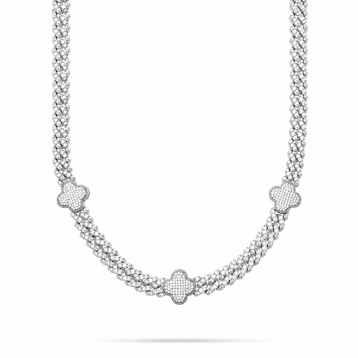 VVS Moissanite Clover Cuban Link Chain – White Gold Finish Iced Out Necklace