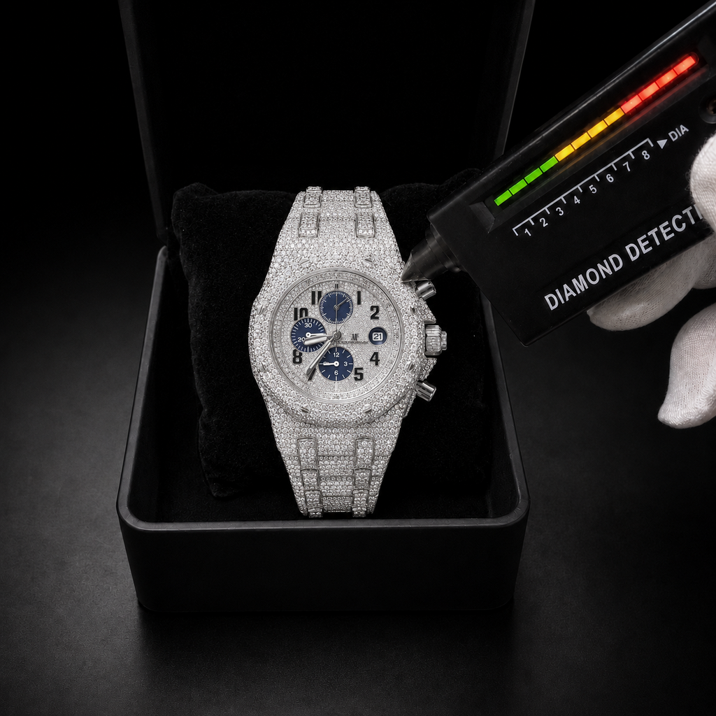 Silver Chronograph Iced Out Watch with VVS Moissanite Stones