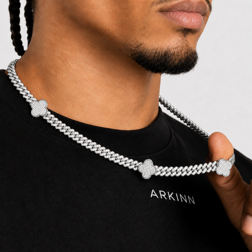VVS Moissanite Clover Cuban Link Chain – White Gold Finish Iced Out Necklace