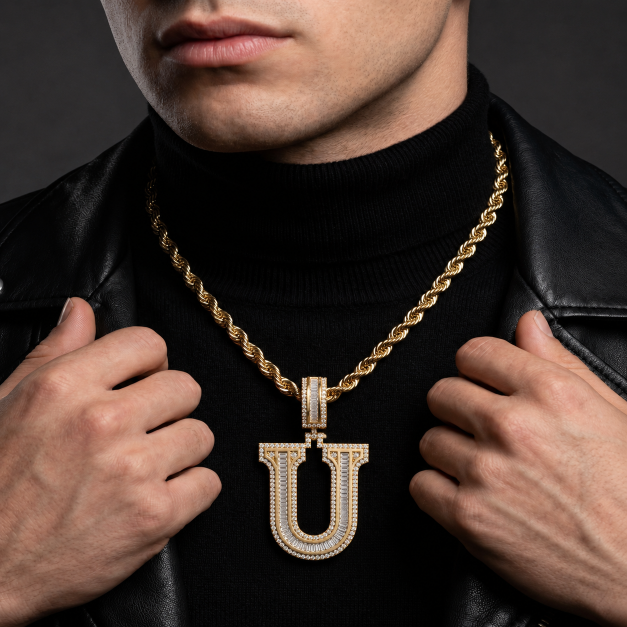 Iced Out “U” Letter Pendant Gold Finish with Baguette & Round Cut Stones