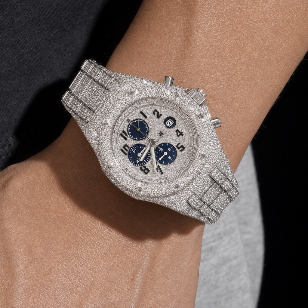 Silver Chronograph Iced Out Watch with VVS Moissanite Stones