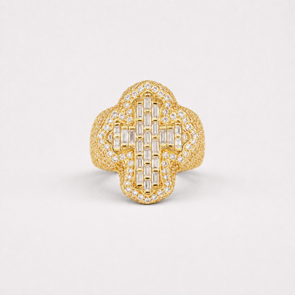 Fleur Cross Iced Out Men’s Ring in 14K Gold Finish